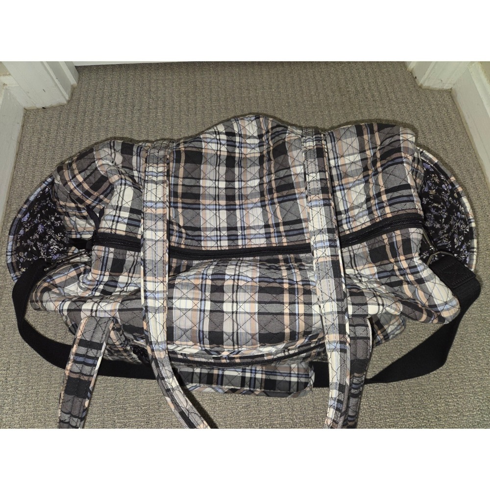 Vera Bradley Large Duffel Heritage Plaid Weekender Travel Bag Black Gray - Picture 6 of 9